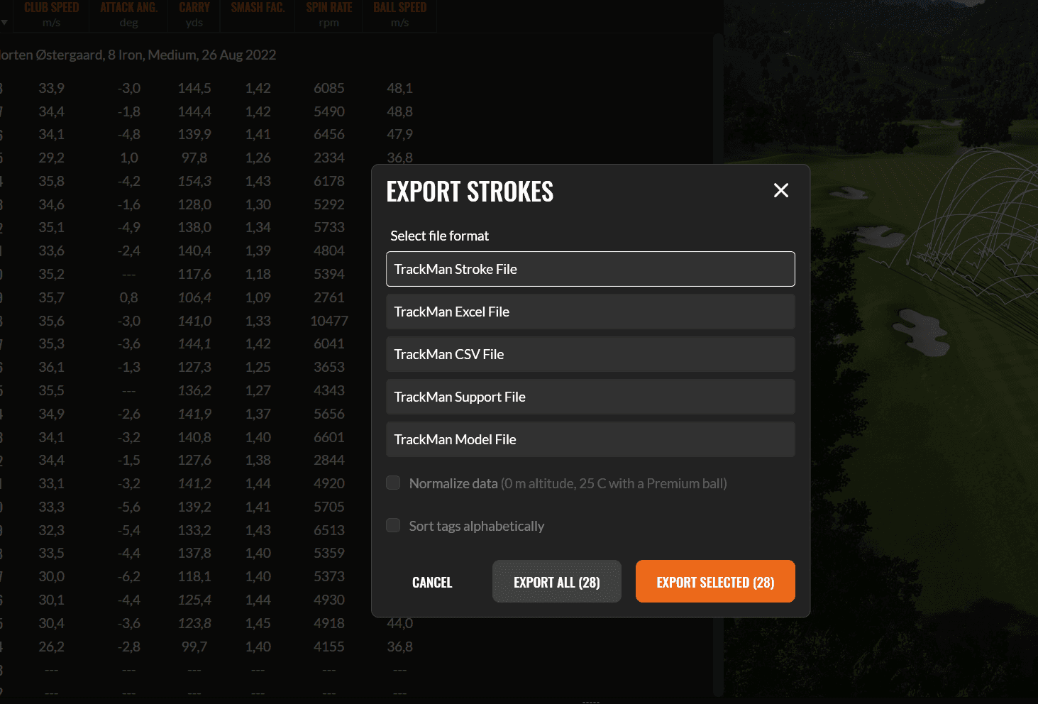 Export Strokes dialog showing file format options including TrackMan CSV File
